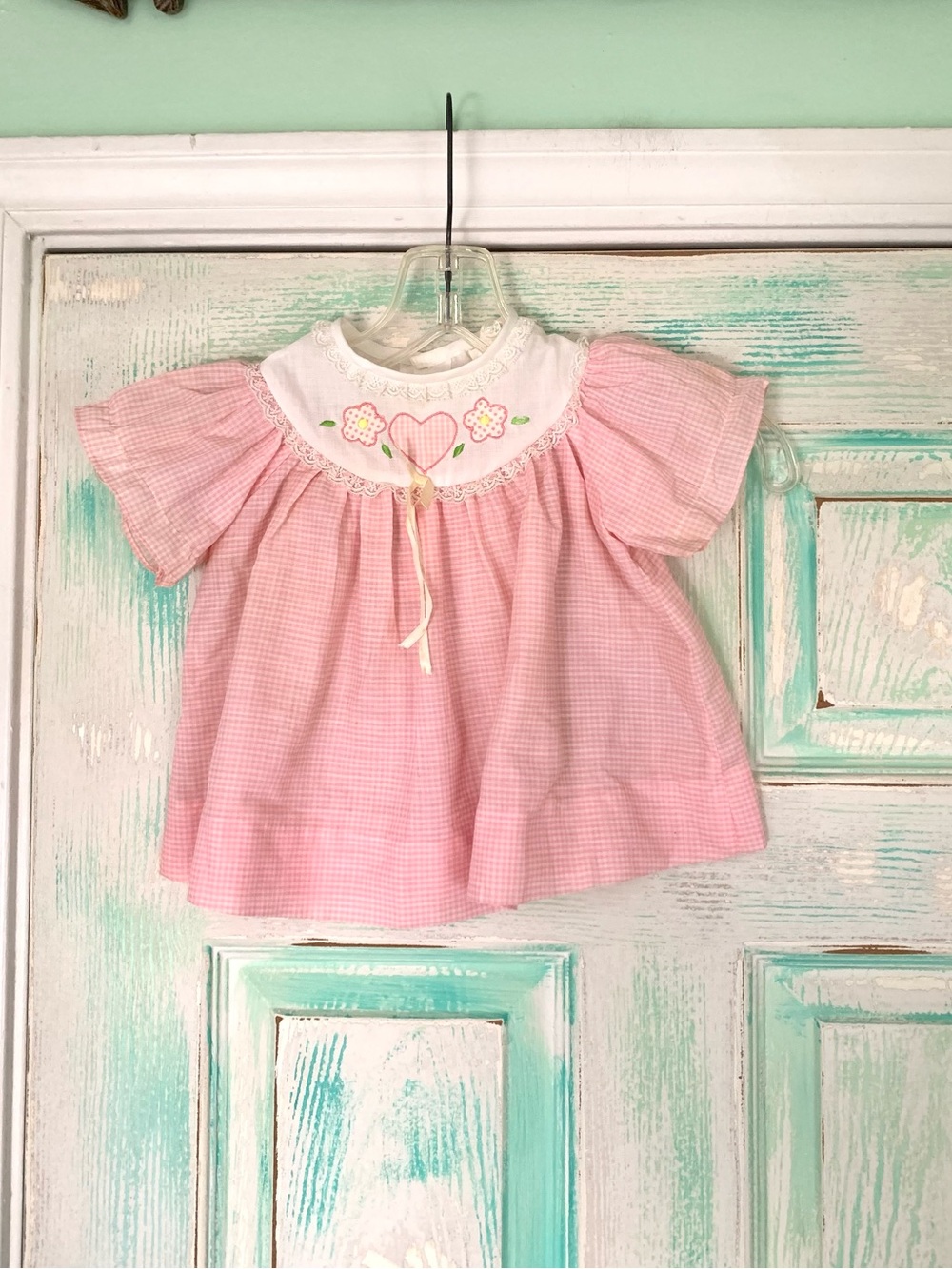 Vintage Baby Girl Infant Pink/White Gingham Plaid Floral Dress 6-9M